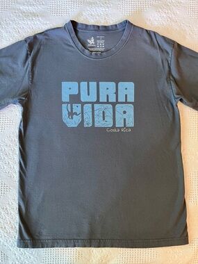 Pura Vida Costa Rica Short Sleeve Tee in Slate Gray with Light Blue Print